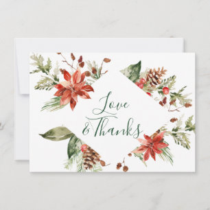 Elegant Red Poinsettia Pine Fir Watercolor Thank You Card