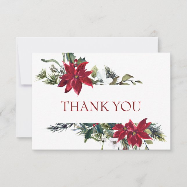 Elegant Red Poinsettia Pine Fir Watercolor Thank You Card (Front)