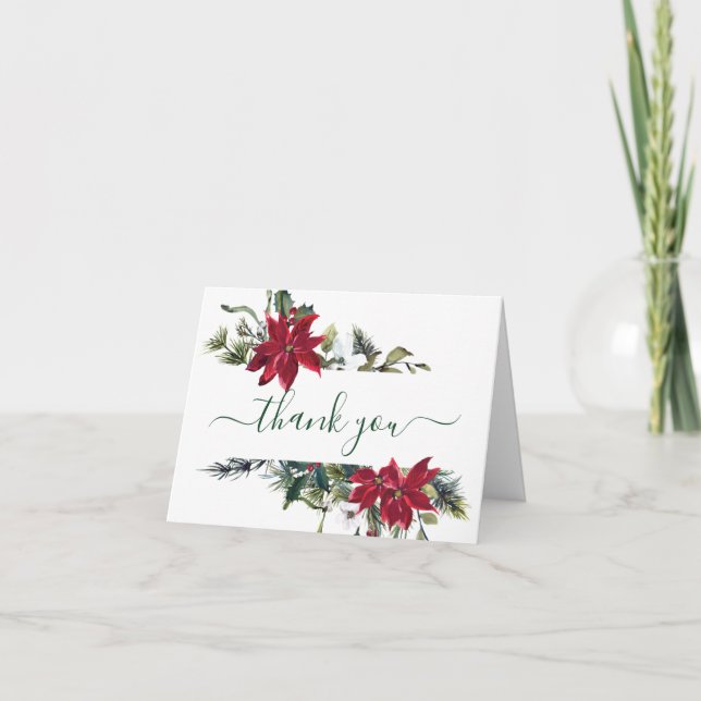 Elegant Red Poinsettia Pine Fir Watercolor Thank You Card (Front)