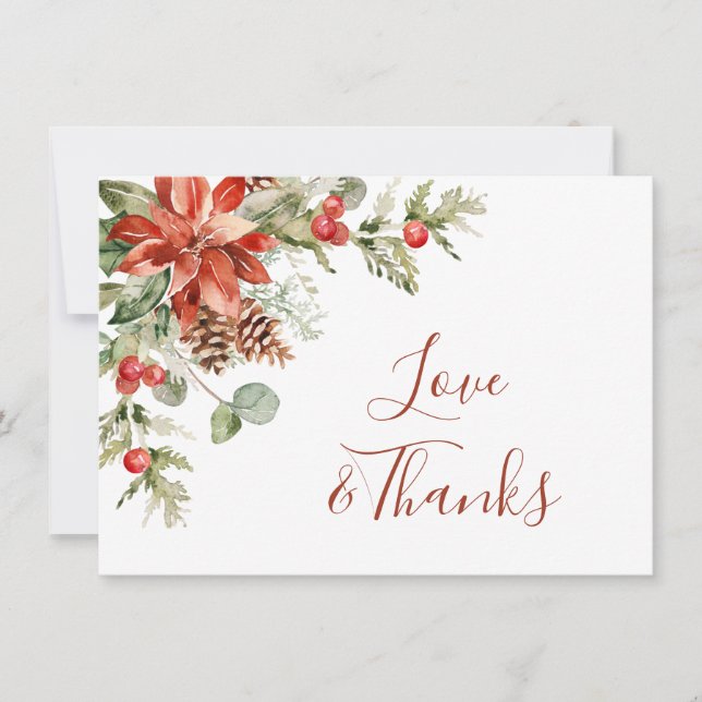 Elegant Red Poinsettia Pine Fir Watercolor Thank You Card (Front)