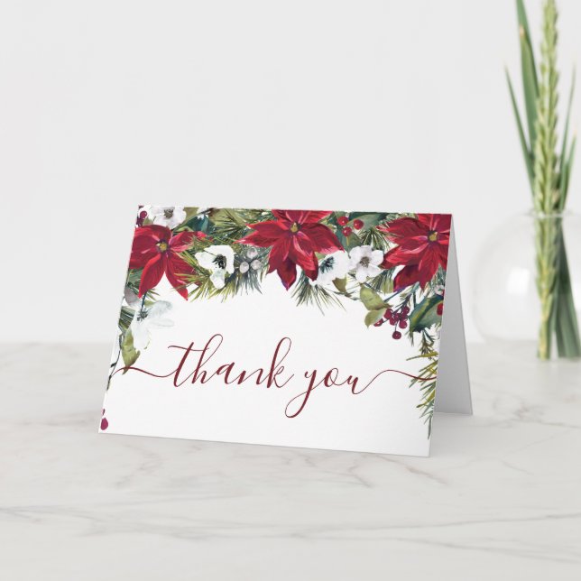Elegant Red Poinsettia Pine Fir Watercolor Thank You Card (Front)