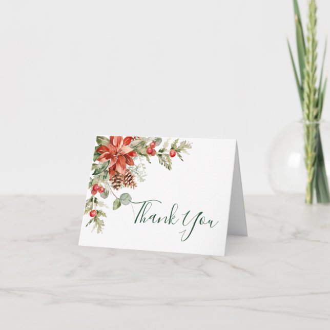 Elegant Red Poinsettia Pine Fir Watercolor Thank You Card (Front)
