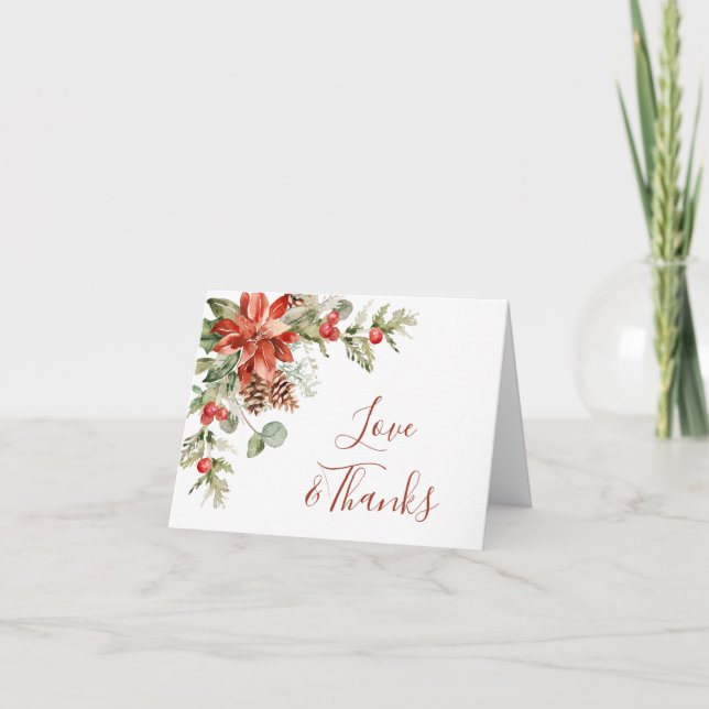 Elegant Red Poinsettia Pine Fir Watercolor Thank You Card (Front)