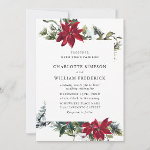 Elegant Red Poinsettia Pine Fir Watercolor Wedding Invitation
