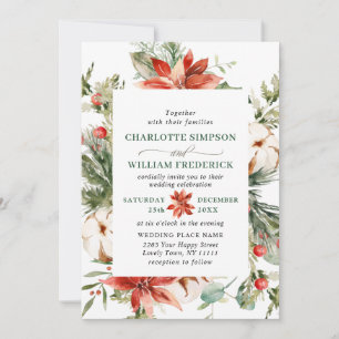 Elegant Red Poinsettia Pine Fir Watercolor Wedding Invitation