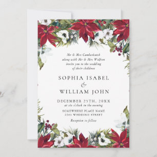 Elegant Red Poinsettia Pine Fir Watercolor Wedding Invitation