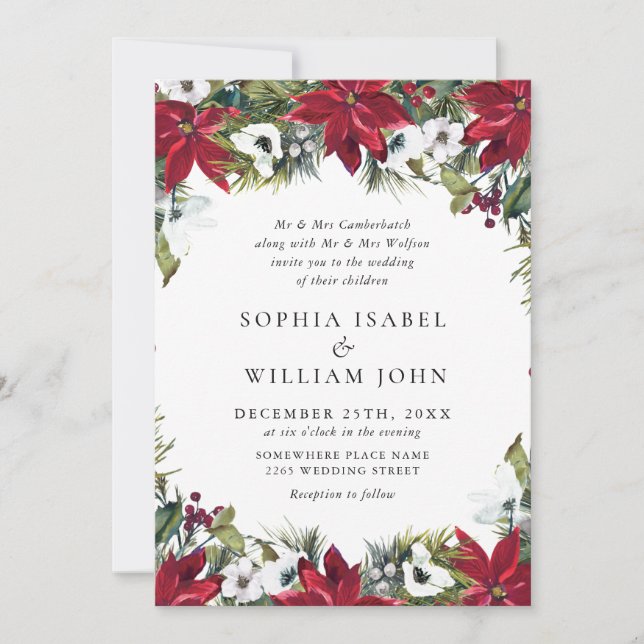 Elegant Red Poinsettia Pine Fir Watercolor Wedding Invitation (Front)