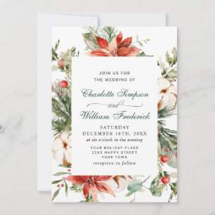 Elegant Red Poinsettia Pine Fir Watercolor Wedding Invitation