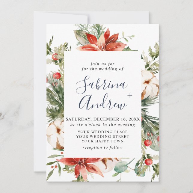 Elegant Red Poinsettia Pine Fir Watercolor Wedding Invitation (Front)