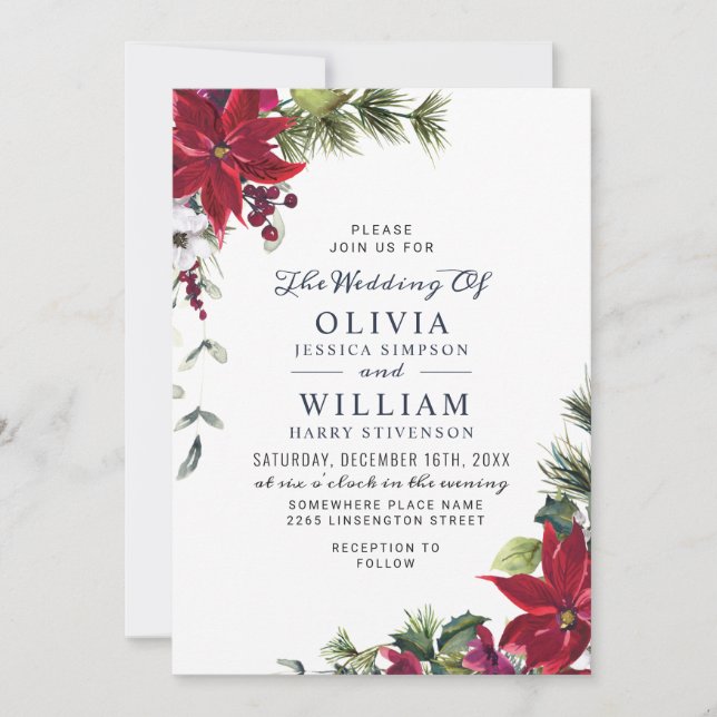 Elegant Red Poinsettia Pine Fir Watercolor Wedding Invitation (Front)