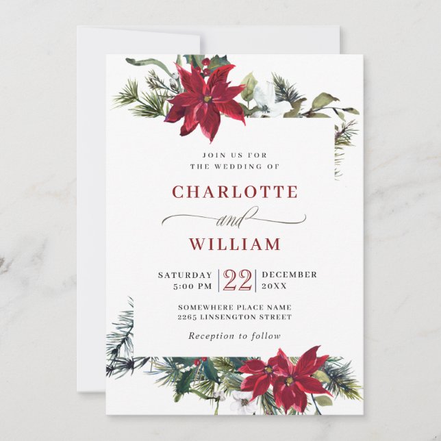 Elegant Red Poinsettia Pine Fir Watercolor Wedding Invitation (Front)