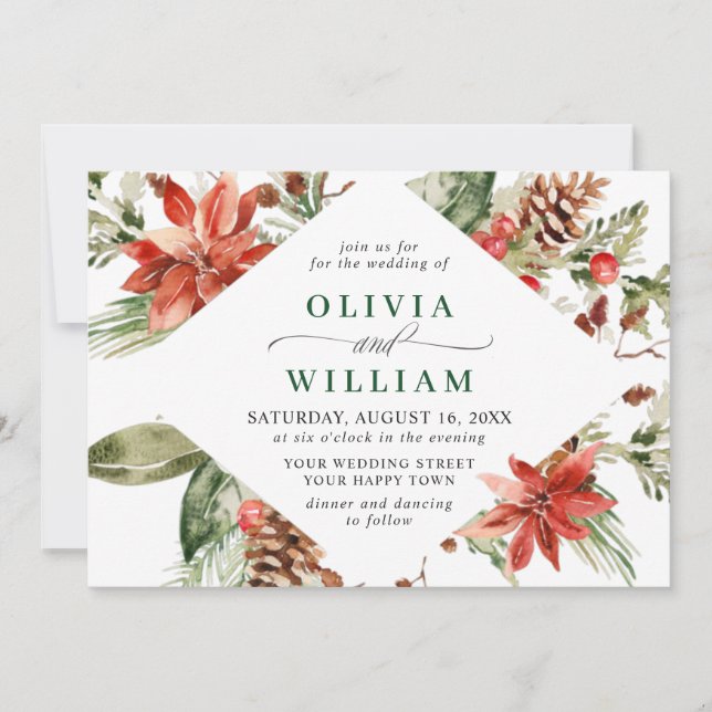 Elegant Red Poinsettia Pine Fir Watercolor Wedding Invitation (Front)