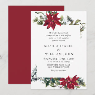 Elegant Red Poinsettia Pine Fir Watercolor Wedding Invitation