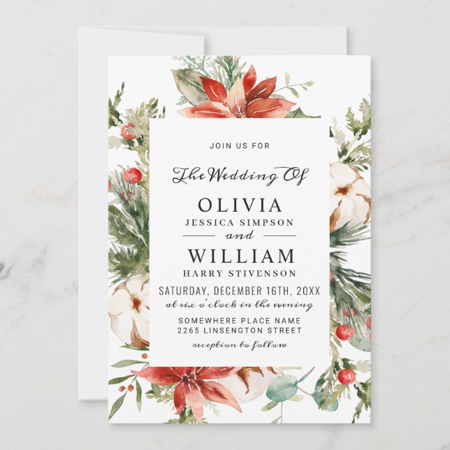 Elegant Red Poinsettia Pine Fir Watercolor Wedding Invitation (Front)