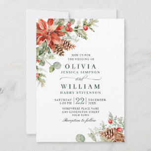 Elegant Red Poinsettia Pine Fir Watercolor Wedding Invitation