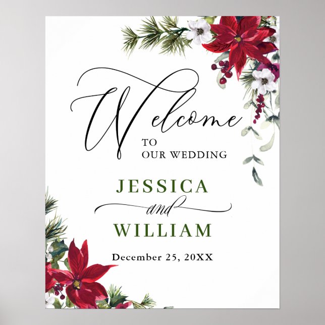 Elegant Red Poinsettia Pine Fir Wedding Welcome Poster (Front)