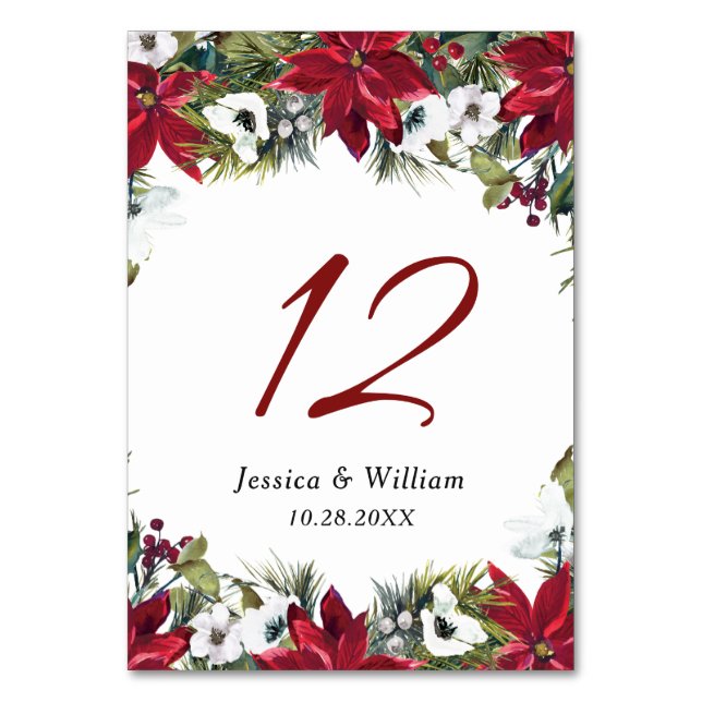 Elegant Red Poinsettia Pine Fur Wedding Table Numb Number (Front)
