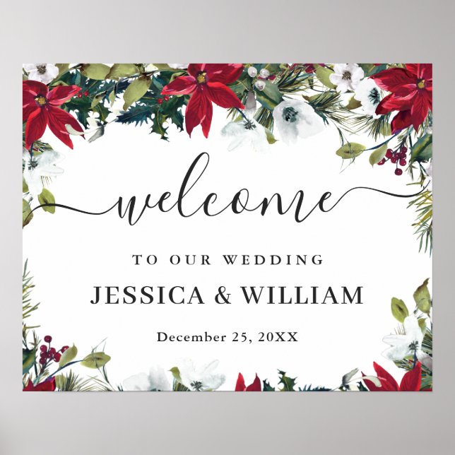 Elegant Red Poinsettia Pine Fur Wedding Welcome Poster (Front)