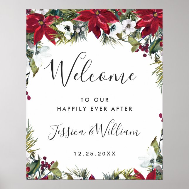 Elegant Red Poinsettia Pine Fur Wedding Welcome Poster (Front)