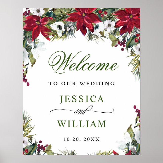 Elegant Red Poinsettia Pine Fur Wedding Welcome Poster (Front)