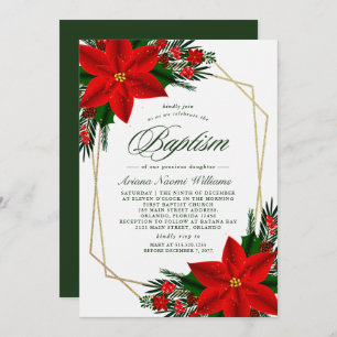 Elegant Red Poinsettia Pine Greenery Baptism Invitation