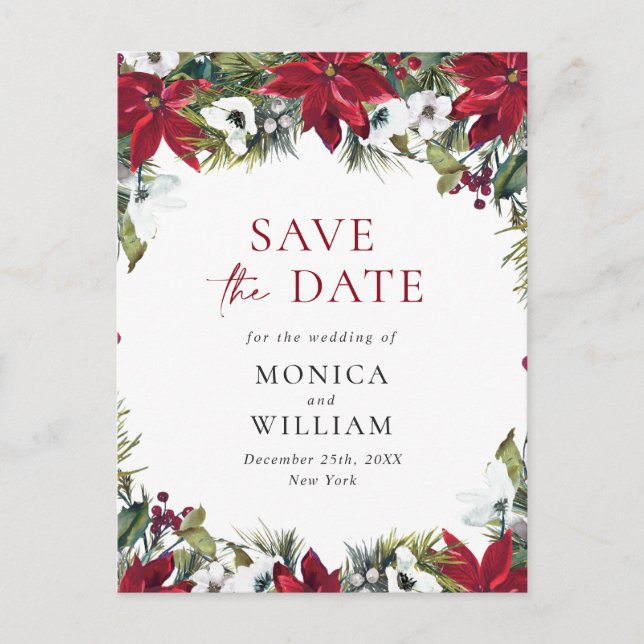Elegant Red Poinsettia Pine Wedding Save the Date  Announcement Postcard (Front)