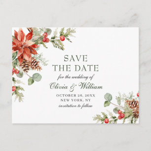 Elegant Red Poinsettia Pine Wedding Save the Date Announcement Postcard
