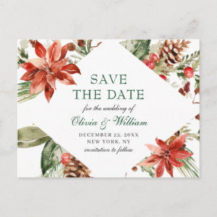 Elegant Red Poinsettia Pine Wedding Save the Date Announcement Postcard