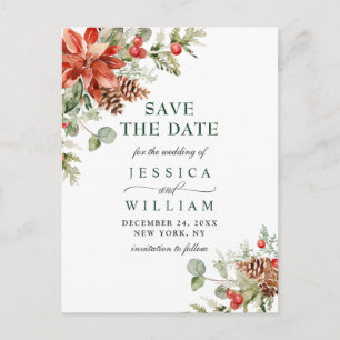 Elegant Red Poinsettia Pine Wedding Save the Date Announcement Postcard