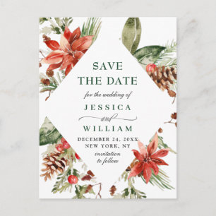 Elegant Red Poinsettia Pine Wedding Save the Date Announcement Postcard
