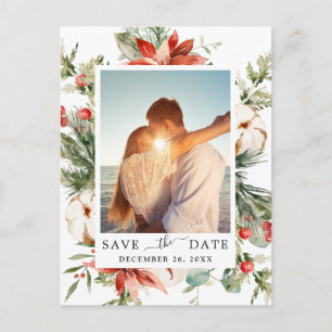 Elegant Red Poinsettia Pine Wedding Save the Date Postcard