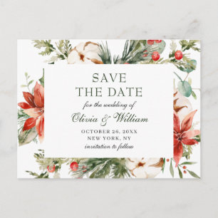Elegant Red Poinsettia Pine Wedding Save the Date Postcard