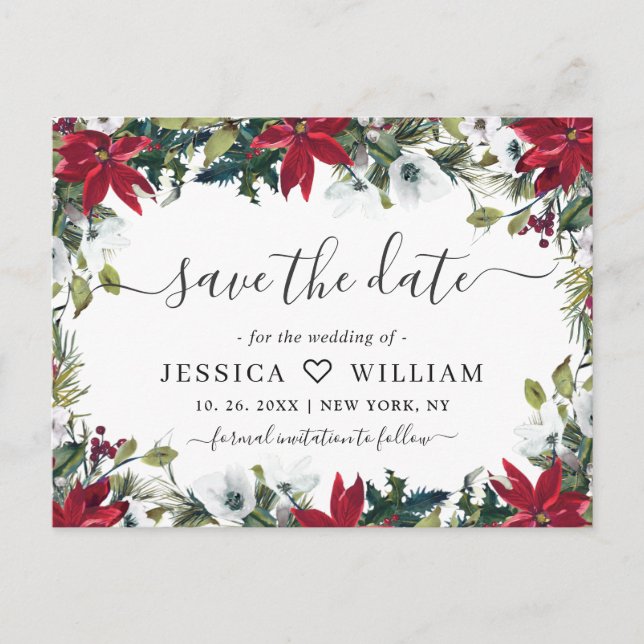 Elegant Red Poinsettia Pine Wedding Save the Date Postcard (Front)