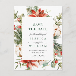 Elegant Red Poinsettia Pine Wedding Save the Date Postcard