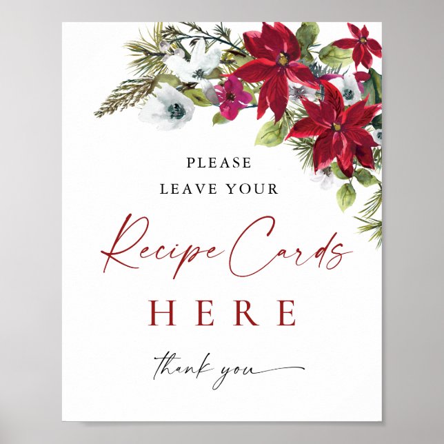Elegant Red Poinsettia Recipe Card Bridal Shower Poster (Front)