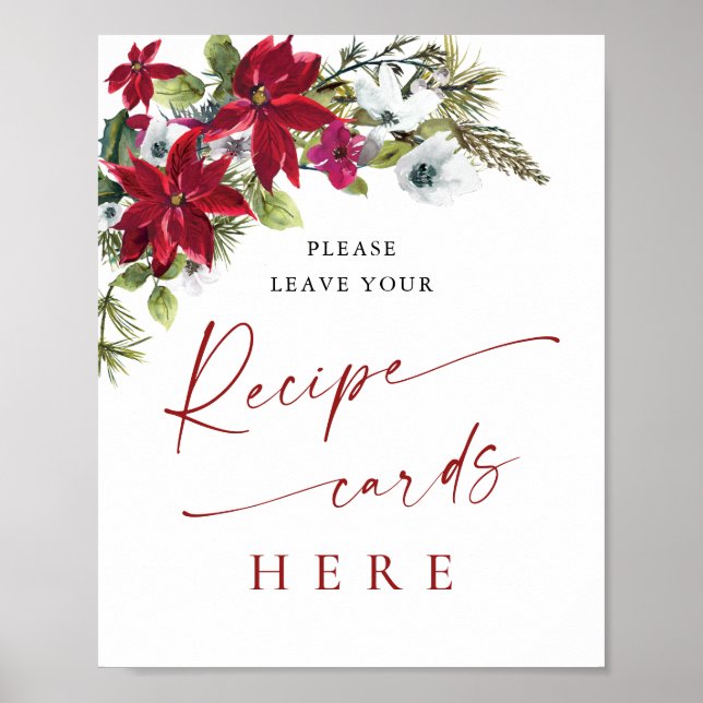 Elegant Red Poinsettia Recipe Card Bridal Shower Poster (Front)