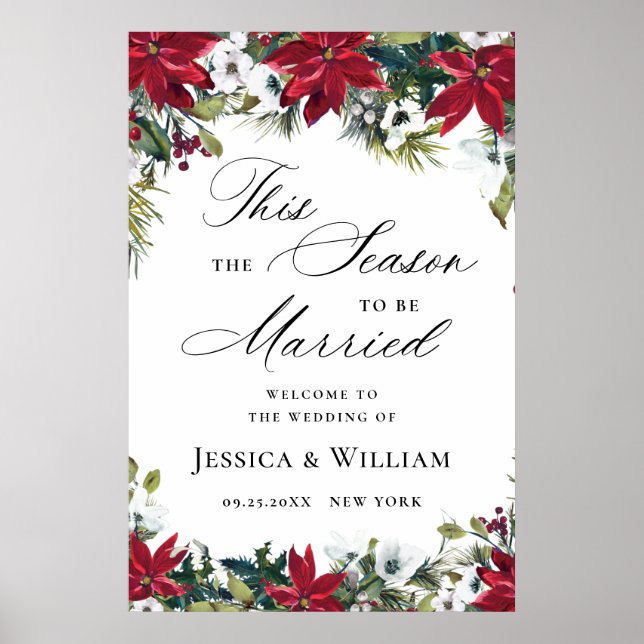 Elegant Red Poinsettia REHEARSAL DINNER Welcome Poster (Front)