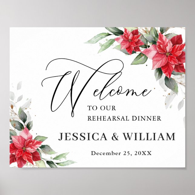Elegant Red Poinsettia REHEARSAL DINNER Welcome Poster (Front)