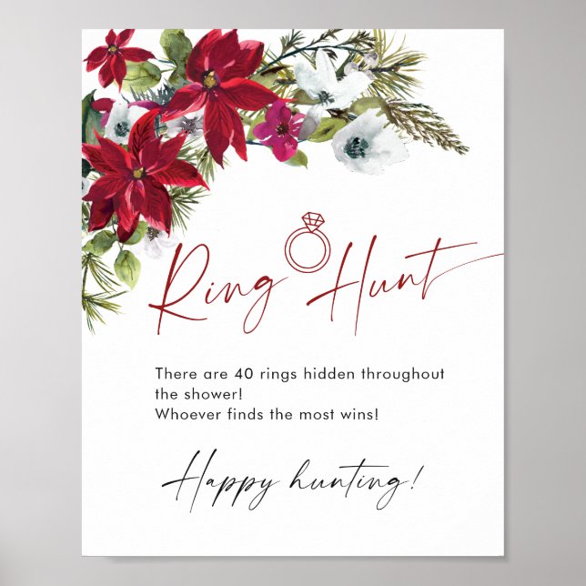 Elegant Red Poinsettia Ring Hunt Bridal Shower Poster (Front)