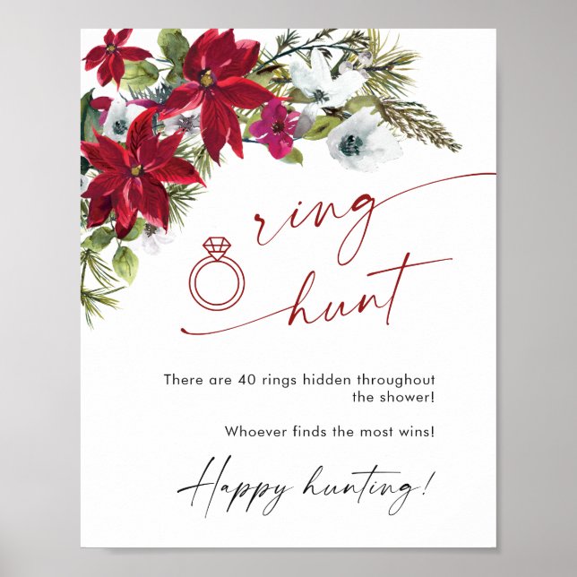 Elegant Red Poinsettia Ring Hunt Bridal Shower Poster (Front)