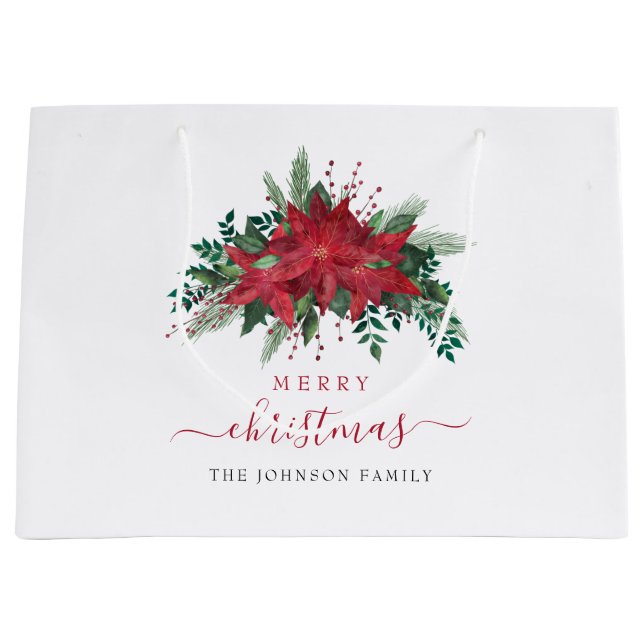 Elegant Red Poinsettia Script Christmas  Large Gift Bag (Front)