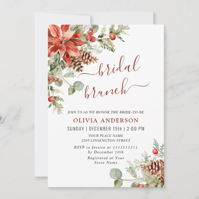 Elegant Red Poinsettia Watercolor Bridal Brunch Invitation (Front)