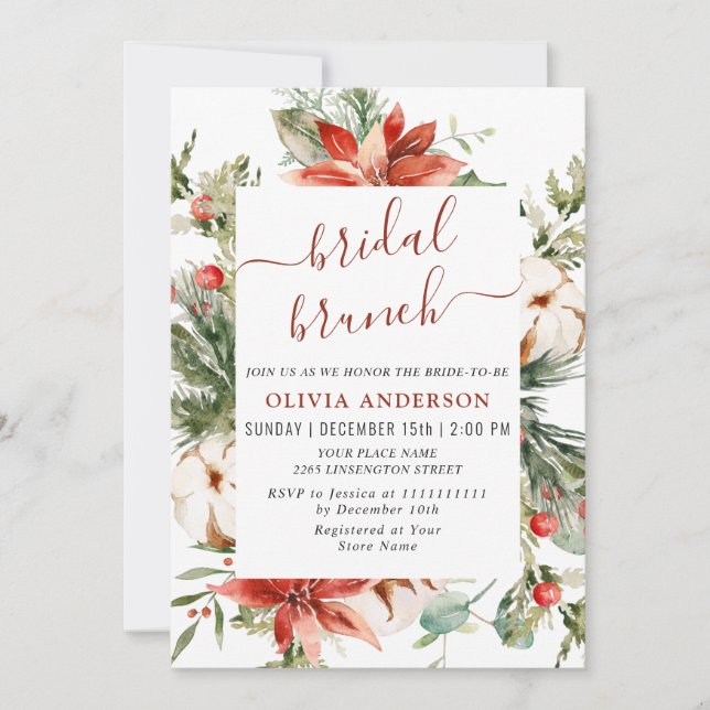 Elegant Red Poinsettia Watercolor Bridal Brunch Invitation (Front)