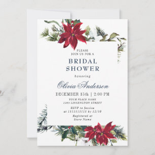 Elegant Red Poinsettia Watercolor BRIDAL SHOWER Invitation