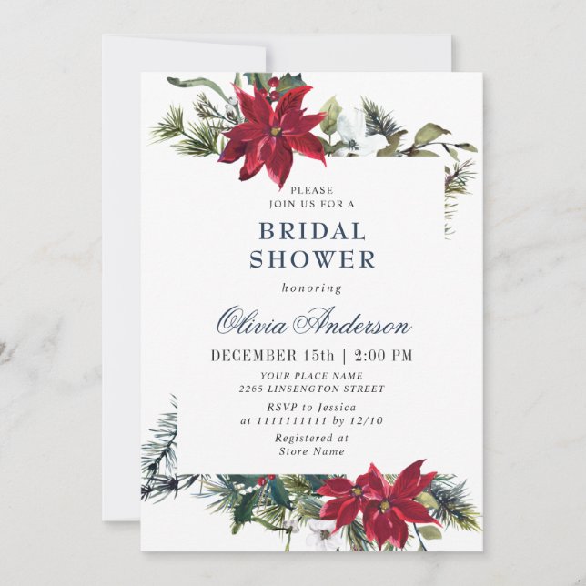 Elegant Red Poinsettia Watercolor BRIDAL SHOWER Invitation (Front)