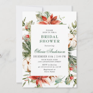 Elegant Red Poinsettia Watercolor BRIDAL SHOWER Invitation