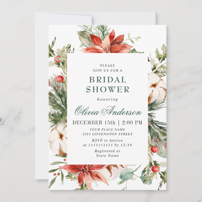 Elegant Red Poinsettia Watercolor BRIDAL SHOWER Invitation (Front)