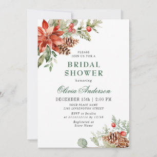 Elegant Red Poinsettia Watercolor BRIDAL SHOWER Invitation