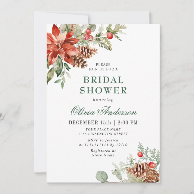 Elegant Red Poinsettia Watercolor BRIDAL SHOWER Invitation (Front)