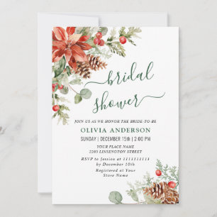 Elegant Red Poinsettia Watercolor BRIDAL SHOWER Invitation